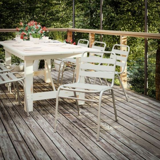 Commercial Silver Indoor-Outdoor Restaurant Stack Chair with Triple Slat Back