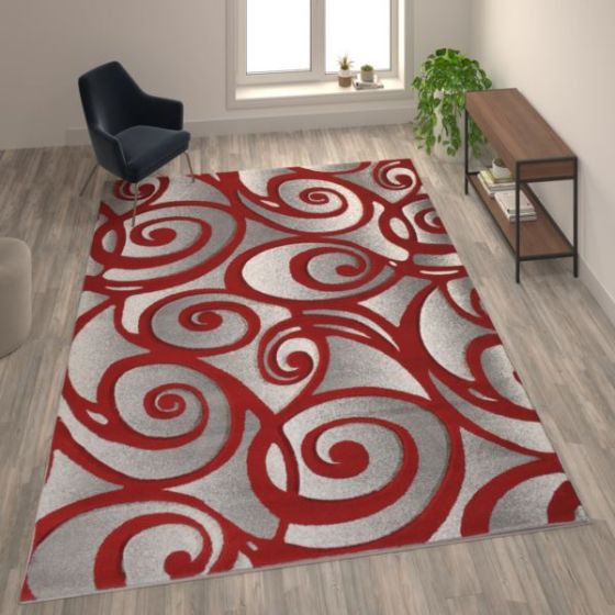 Swirled High-Low Pile Sculpted Multipurpose Area Rug in Red - 8' x 10'