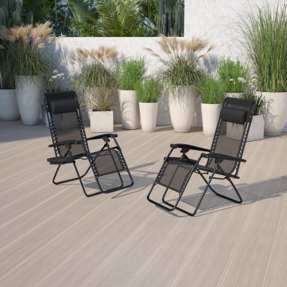 2 Pack Adjustable Mesh Zero Gravity Lounge Chair with Cup Holder Tray - Black