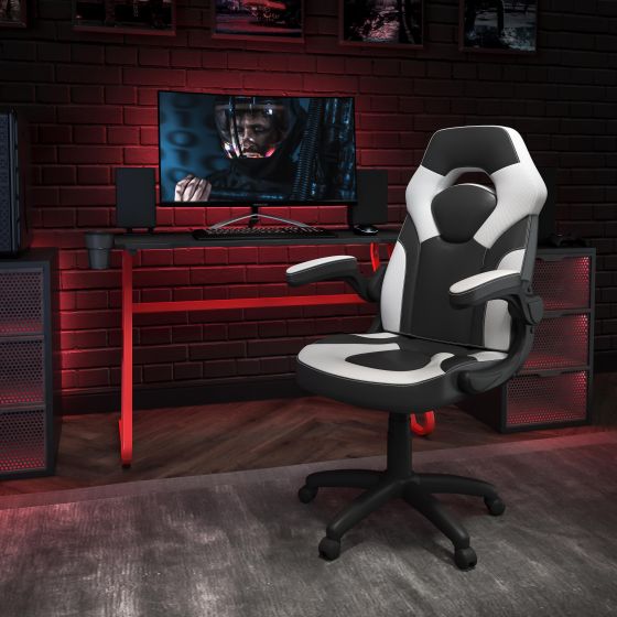 Desk Bundle - Red Gaming Desk, Cup Holder, Headphone Hook and White Chair
