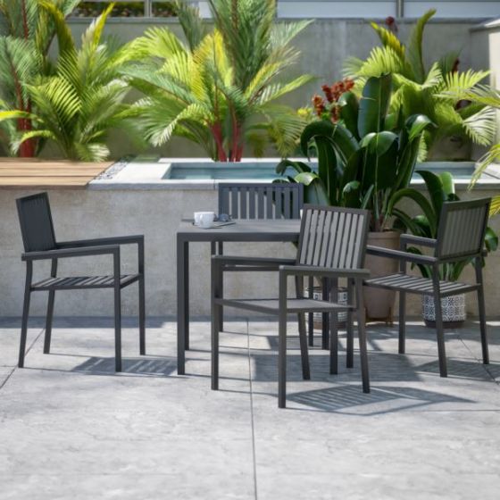 All-Weather Resin Top Square Table & 4 Metal Chairs with Poly Resin Seats-Black