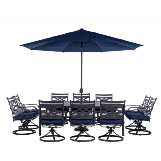 Montclair 11-Piece Dining Set in Navy Blue with 10 Swivel Rockers, 60-In. x 84-In. Table, 11-Ft. Umb