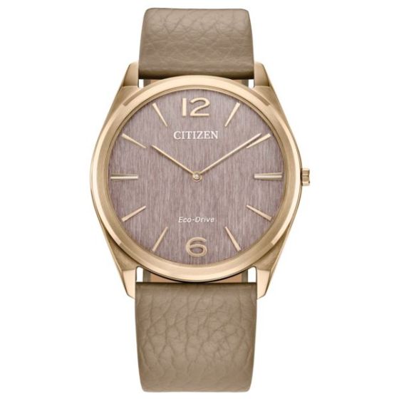 Unisex Classic Eco-Drive Beige Leather Strap Watch Pink Dial