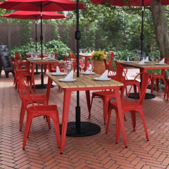 30x60 Commercial Poly Resin Restaurant Table with Umbrella Hole - Brown/Red