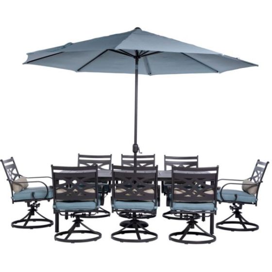 Montclair 9-Piece Dining Set in Ocean Blue with 8 Swivel Rockers, 42-In. x 84-In. Table, 11 Ft. Umbr