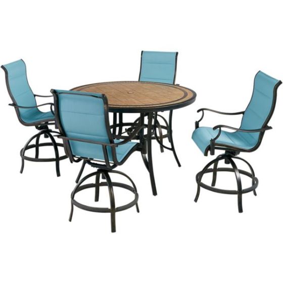Monaco 5-Piece High-Dining Set in Blue with 4 Padded Counter-Height Swivel Chairs and a 56-In. Tile-