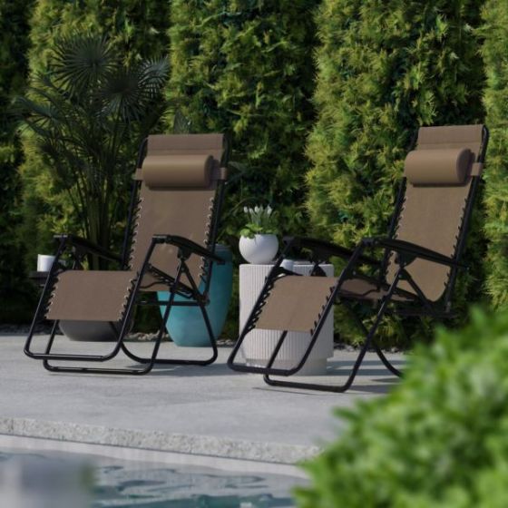 2 Pack Adjustable Mesh Zero Gravity Lounge Chair with Cup Holder Tray - Brown