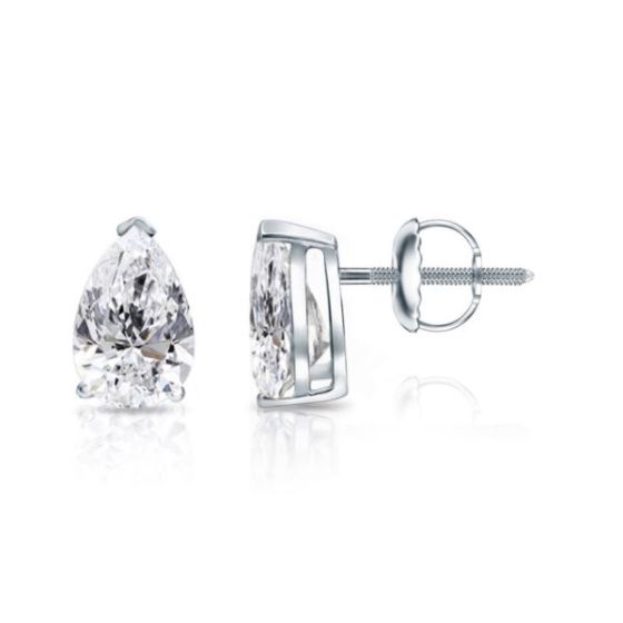 Bright White Pristine Pear Lab Grown Diamond Screwback Stud in 14K White Gold 1.00ct, GH, VS