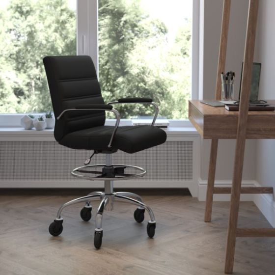 Drafting Chair with Roller Wheels, Adjustable Foot Ring - Black LeatherSoft
