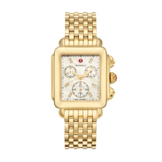 Ladies Deco Gold-Tone 18k Diamond Chronograh Watch Mother-of-Pearl Dial