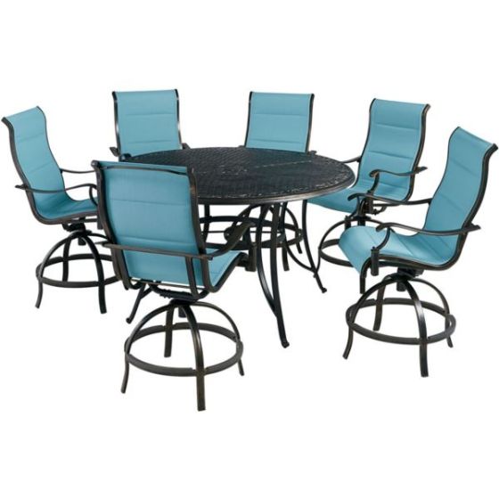 Traditions 7-Piece High-Dining Set in Blue with 6 Padded Swivel Counter-Height Chairs and 56-in. Cas