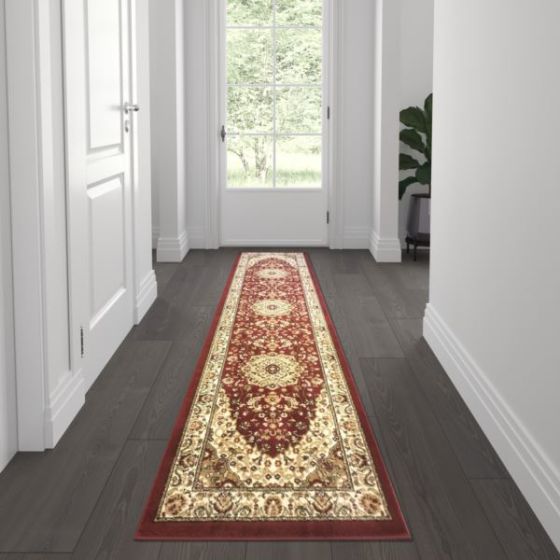 Multipurpose Persian Style Olefin Medallion Motif Area Rug in Burgundy-2' x 7'