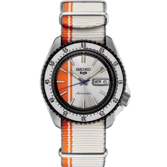 Seiko 5 Sports SS Automatic Orange/Silver Dial, Racing Inspired, Cream/White fabric Nato strap