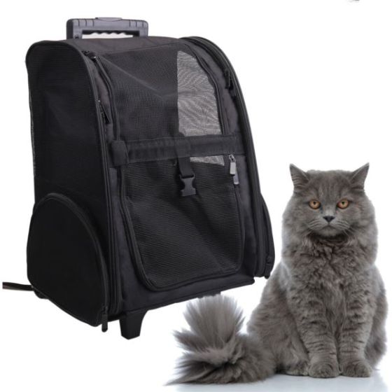 Rolling Pet Backpack Carrier with Telescopic Handles, Black