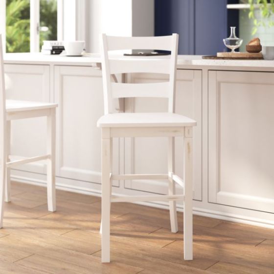 Commercial Grade Wooden Bar Height Stool in Antique White Wash, Set of 2