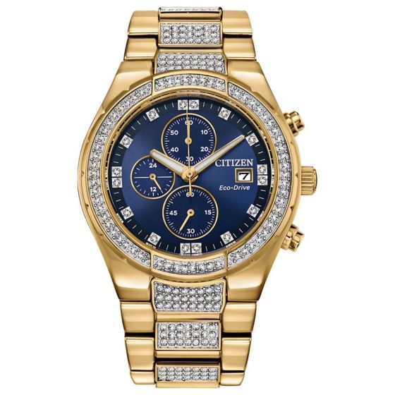Men's Crystal Eco-Drive Watch, Gold-tone with Blue Dial