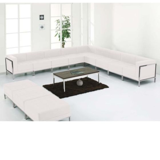 12 PC White LeatherSoft Modular Sectional & Ottoman Set - Stainless Steel Legs