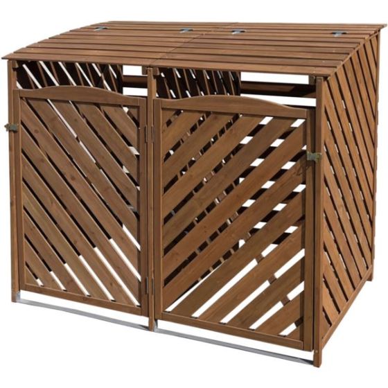 Wooden Trash and Recyclables Bin Storage Shed with Dual Front Doors and Hinged Top Lids in Brown
