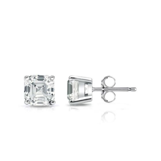 Bright White Pristine Asscher Lab Grown Diamond Stud in 14K White Gold 1.00ct, Color-GH,Clarity-VS
