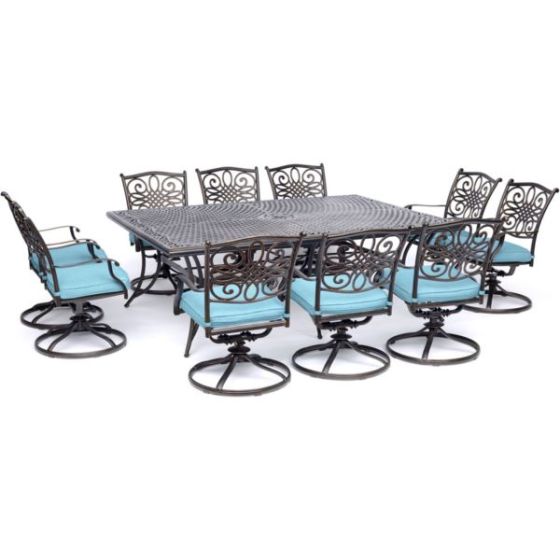 Traditions 11-Piece Dining Set in Blue with Ten Swivel Rockers and an Extra-Long Dining Table