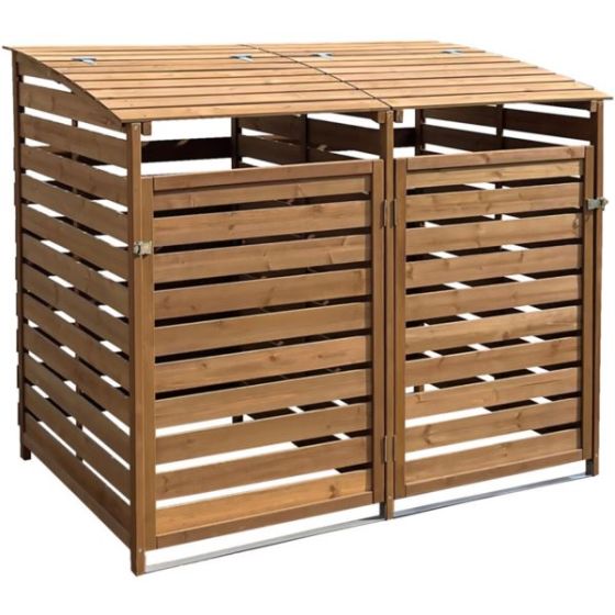 Wooden Trash and Recyclables Bin Storage Shed with Dual Front Doors and Hinged Top Lids in Brown