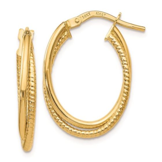 14K Gold Polished Textured Oval Hoop Earrings