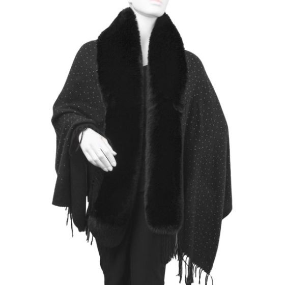 Shawl w/ Fringe and Faux Mink Collar
