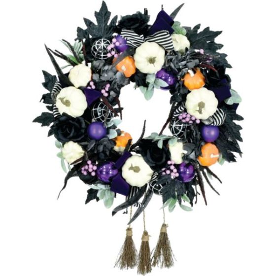 24-in. Halloween Wreath with Pumpkins, Brooms, and Black Leaves