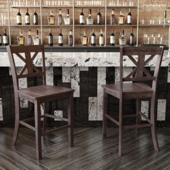 Commercial Grade Wooden Counter Height Stool in Gray Wash, Set of 2