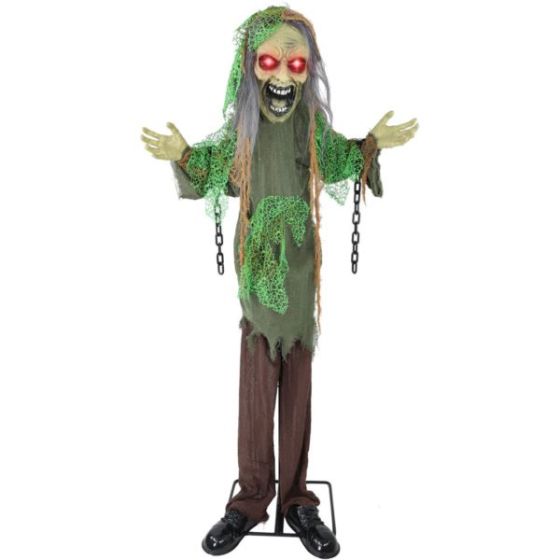 Lifesize Animatronic Zombie with Chains with Lights and Sound, Indoor/Covered Outdoor Halloween Deco