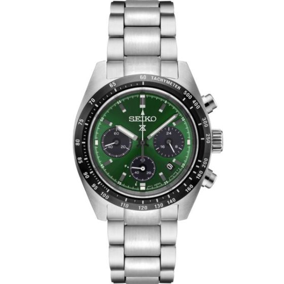 Seiko Prospex SS Solar Chronograph Green Dial, Black bezel, SS bracelet