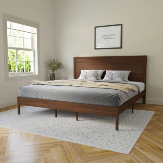 Solid Wood Platform Bed with Headboard and Wooden Slats in Light Brown - King