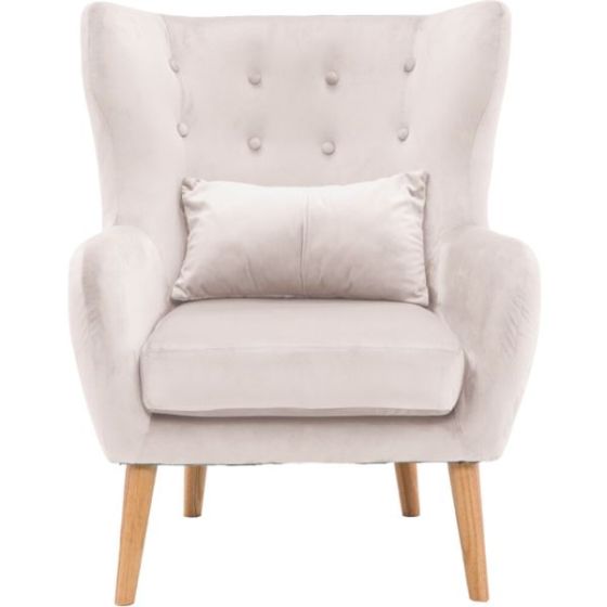 Faux Velvet Wingback Accent Chair with Lumbar Pillow and Wooden Legs, Cream White