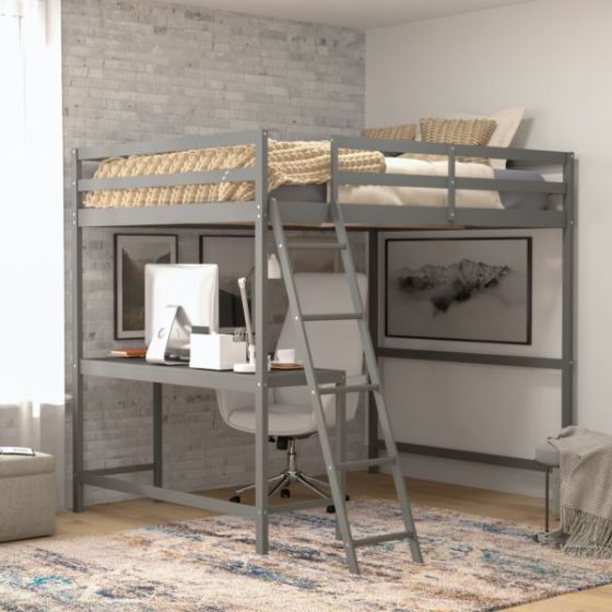 Full Size Traditional Wood Slat Loft Bed with Integrated Desk & Ladder-Lt Gray