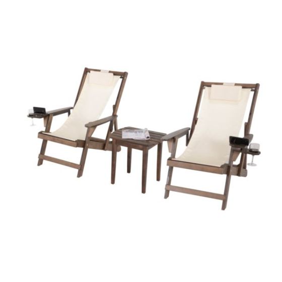 Romantic Collection - 2 Canvas Sling Chairs w/Beverage Holder & 1 End Table - Dark Brown, Beige