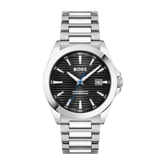 Men's Strike Silver-Tone Stainless Steel Watch Black Patterned Dial