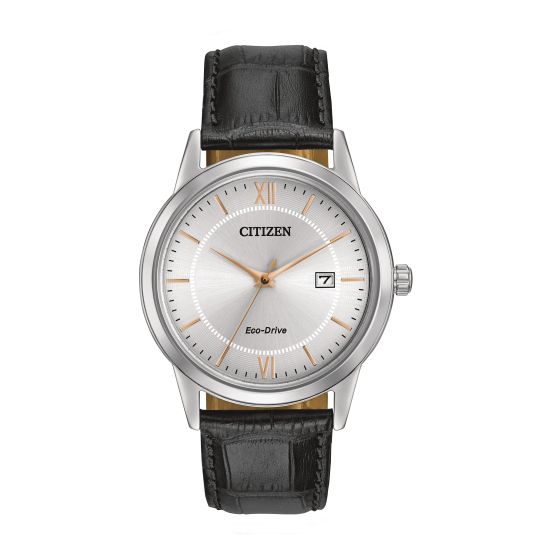 Men's Eco-Drive Watch, Stainless Steel with Black Leather Strap & Rose Gold Accents