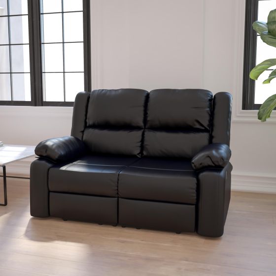 Contemporary Black LeatherSoft Loveseat w/Two Built-In Recliners - Padded Arms