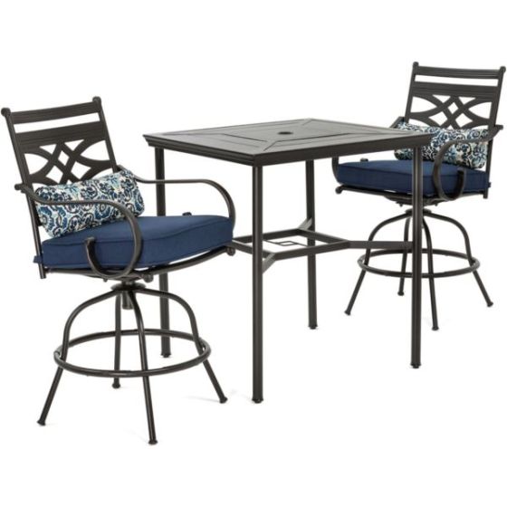 Montclair 3-Piece High-Dining Set in Navy Blue with 2 Swivel Chairs and a 33-Inch Square Table
