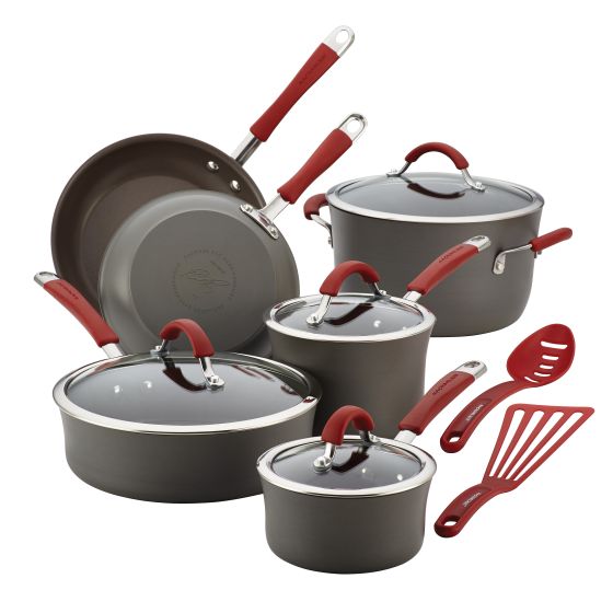 12pc Cucina Hard-Anodized Cookware Set Red Handles