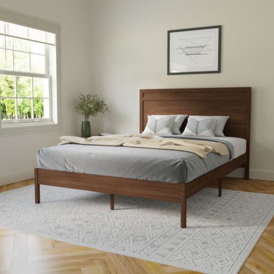 Solid Wood Platform Bed with Headboard and Wooden Slats in Dark Brown - Queen