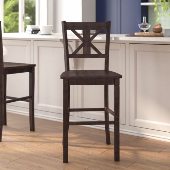 Commercial Grade Wooden Bar Height Stool in Antique White Wash, Set of 2