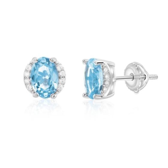 Sterling Silver Oval Blue Topaz Halo Studs