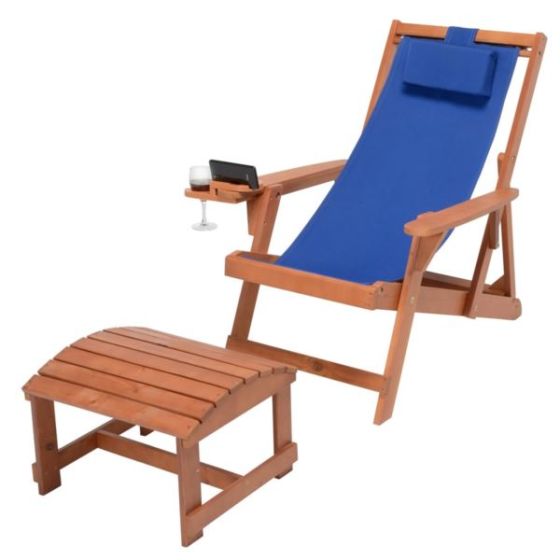 Romantic Collection - Canvas Sling Chair w/Beverage Holder & Ottoman - Walnut & Blue