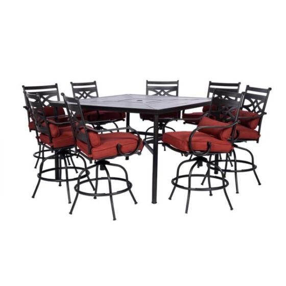 Montclair 9-Piece High-Dining Set in Chili Red with 8 Counter-Height Swivel Chairs and 60-Inch Squar