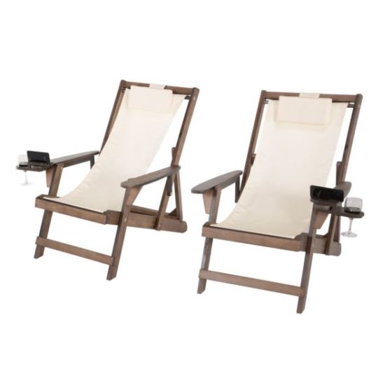 Romantic Collection - Canvas Sling Chair w/Beverage Holder, Set of 2 - Dark Brown, Beige