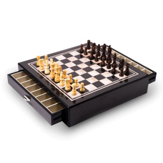 Carbon Fiber & Mother of Pearl Design Chess Set w/Accessory Drawers