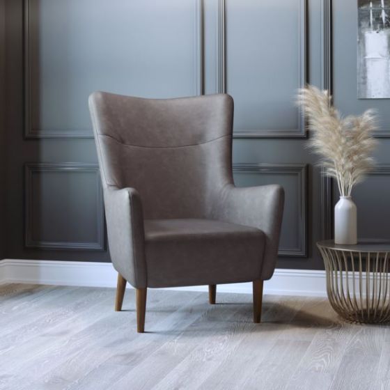 Commercial Wingback Accent Chair with Wooden Legs in Dark Gray Faux Leather