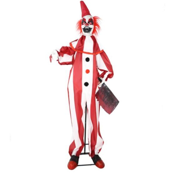 Lifesize Animatronic Clown Holding Knife with Lights and Sound, Indoor/Covered Outdoor Halloween Dec
