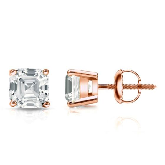 Bright White Pinnacle Asscher Lab Grown Diamond Screwback Stud in 14K Rose Gold 2.80ct, GH, VVS